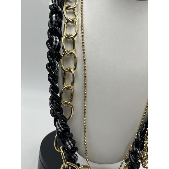 Betsey Johnson Heavy Multistrand Necklace Gold Tone Black White Ribbon Bow Charm - Picture 3 of 14